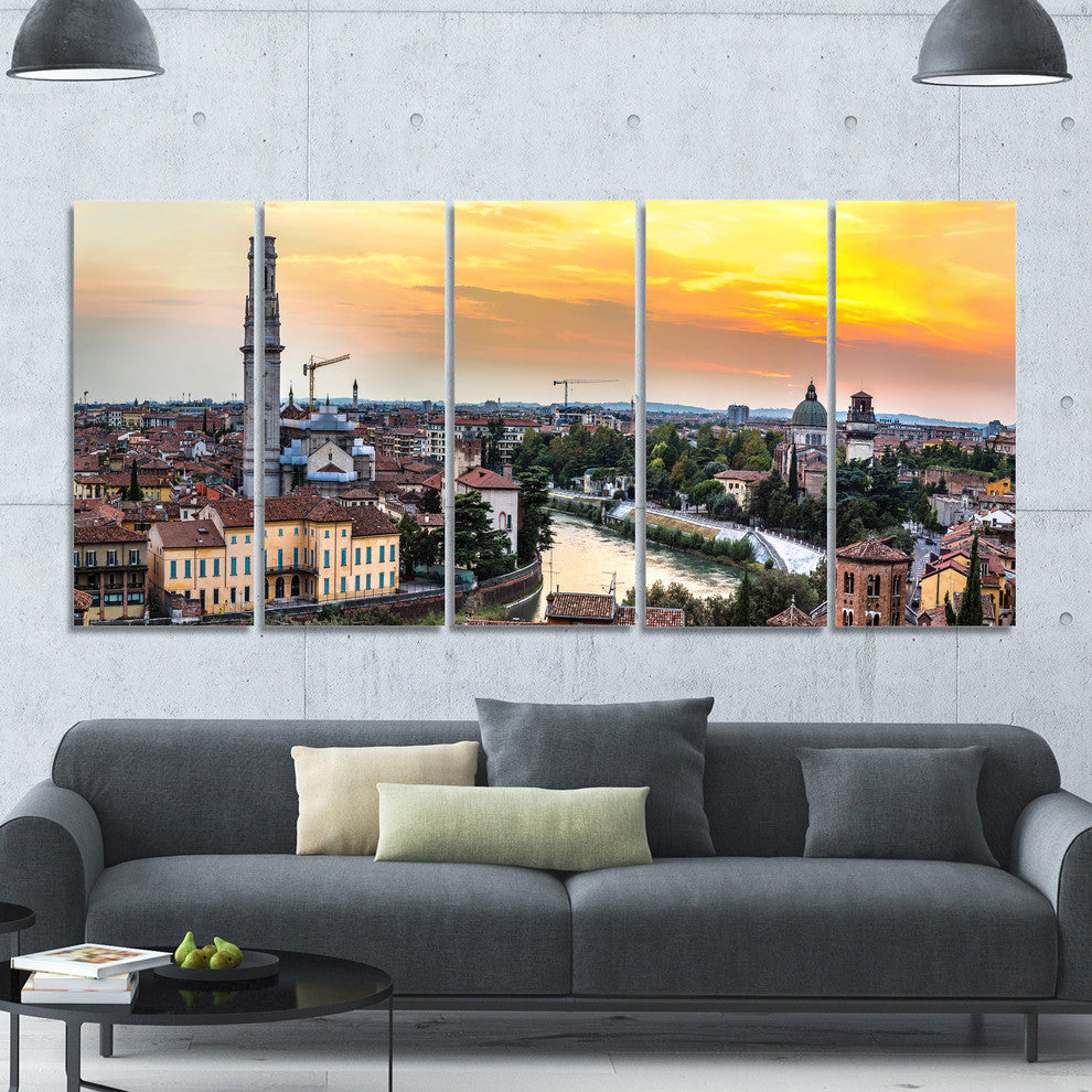 Verona at Sunset in Italy, Cityscape Canvas Art Print, 60"x28", 5 Panels