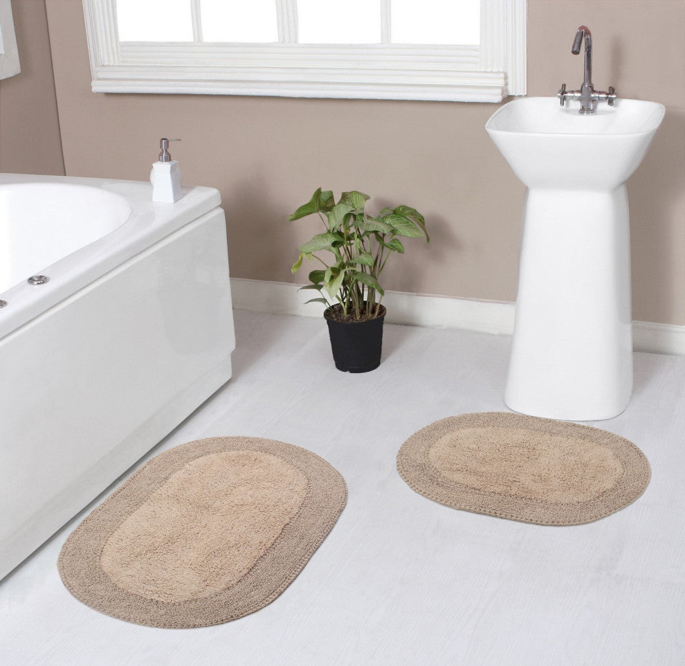Double Ruffle Collection Bath Rugs Set, 2 Piece Set, Linen