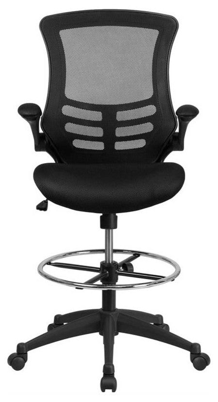 Mid-Back Black Mesh Drafting Chair with Adjustable Foot Ring and Flip-Up Arms