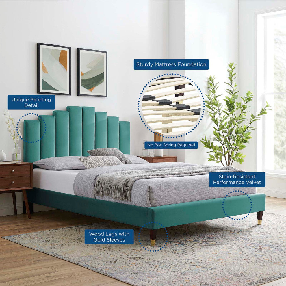 Platform Bed Frame, Full Size, Velvet, Teal Blue, Modern Contemporary, Bedroom