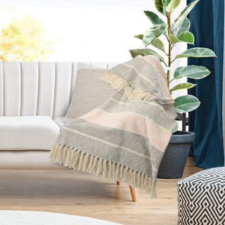 Touch of Blush Striped Throw Blanket With Fringe