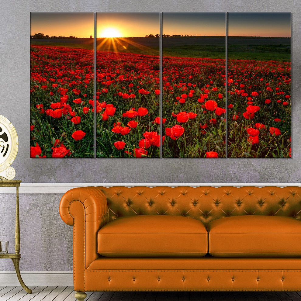 Sunset over Garden with Red Poppies, Floral Canvas Art Print, 48"x28", 4 Panels
