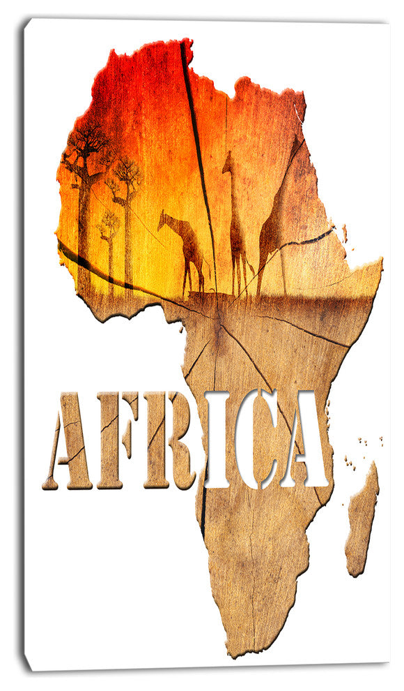Africa Map Wooden Illustration, Abstract Canvas Artwork, 16"x32"