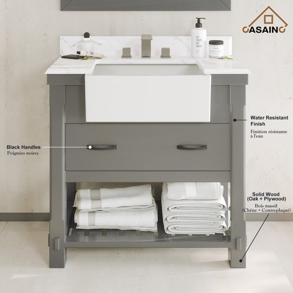 Bathroom Vanity, White Carrara Marble Top,with Sinks,Solid Wood Cabinets, 36in