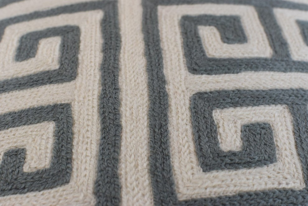 Greek Key Geometric Ivory Gray Accent Pillow Cover Handembroidered Wool 20x20"
