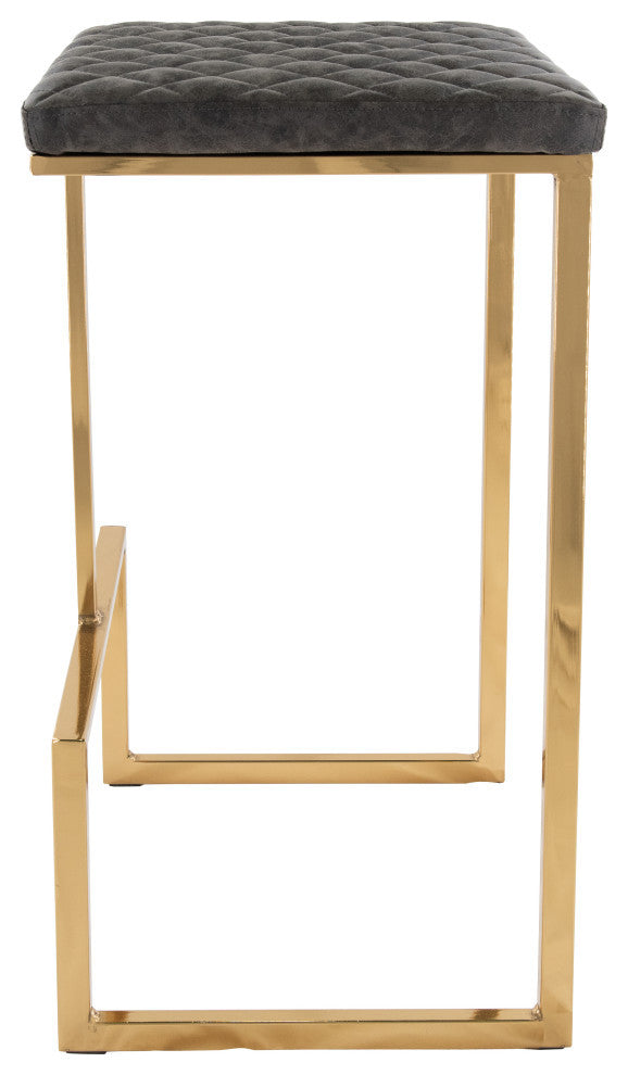 Quincy Leather Barstools, Square Seats and Gold Metal Frame, Set of 2, Gray