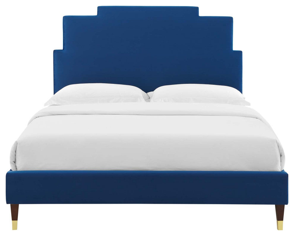 Platform Bed Frame, Queen Size, Velvet, Blue Navy, Modern Contemporary, Bedroom