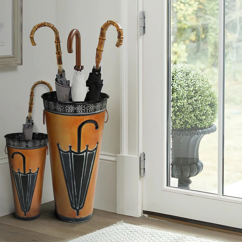 Benzara BM07627 Rustic Umbrella Stand With Engraved Details, Set Of 2, Brown