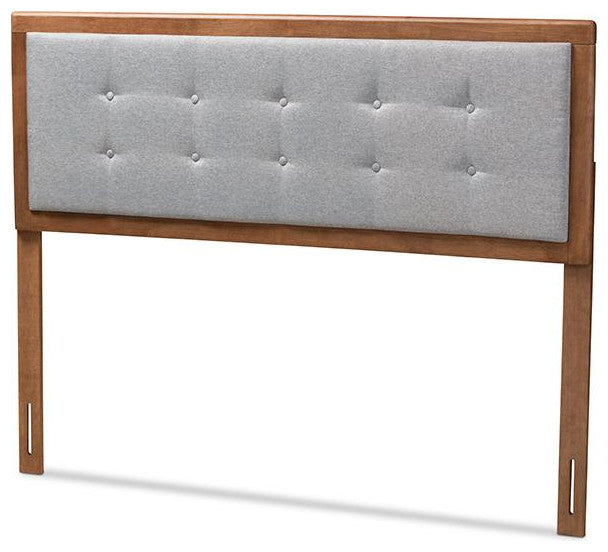 Light Grey Fabric Upholstered Walnut Brown Finished Wood King Size Headboard