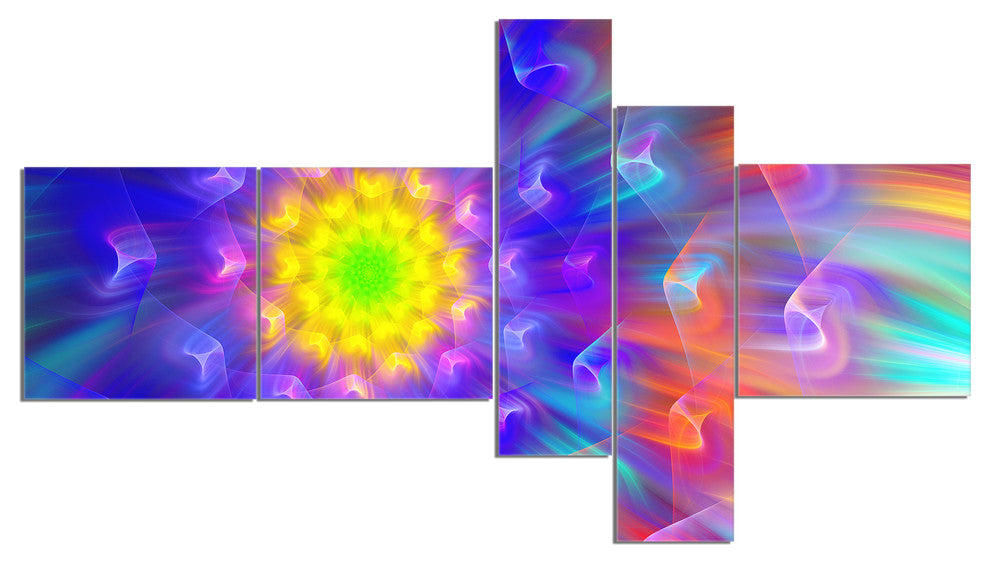 Bright Blue Fractal Petals Dandelion, Floral Canvas Art Print, 60"x32", 5 panels