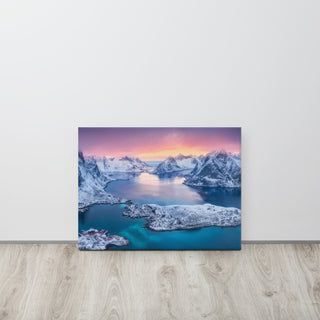 Reine at Winter Sunset Icy Mountain Landscape Photo Canvas Wall Art Prints, 18" X 24"