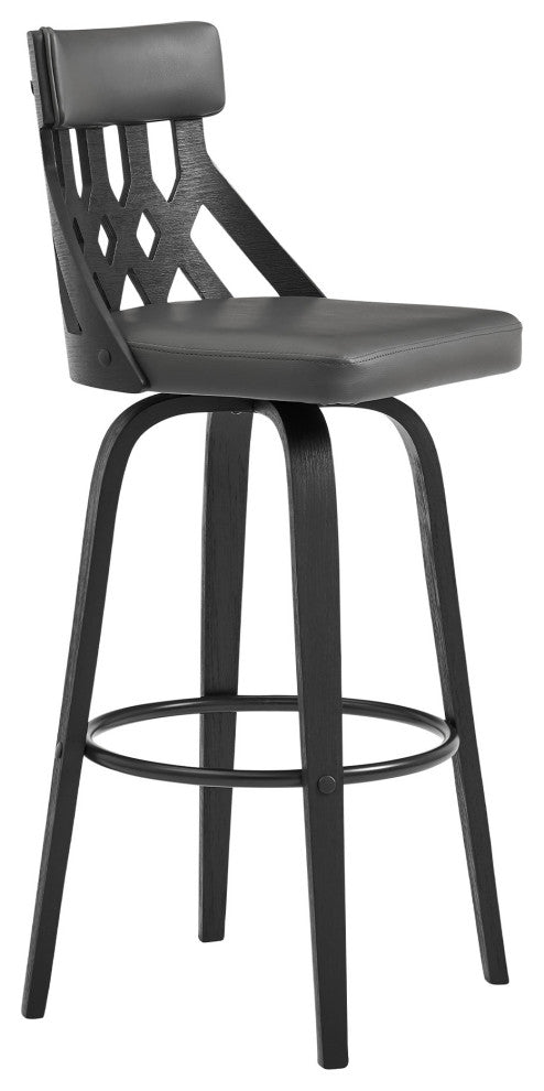 26" Grey Fauz Leather Curved Back Walnut Wood Swivel Bar Stool