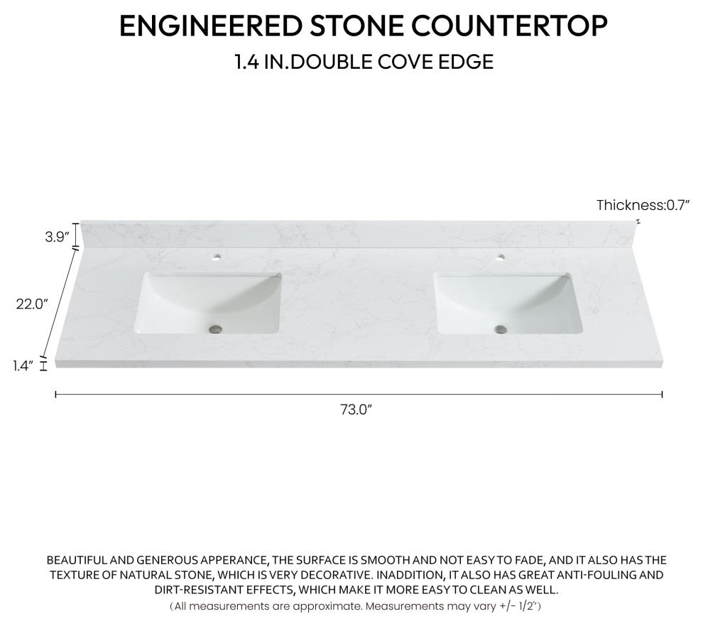 Malaga Composite Stone Vanity Top With Ceramic Sink, Grain White, 73"