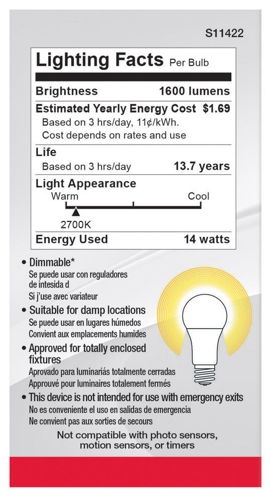 14W A19 LED, 2700K, Dimmable, Medium Base, 230 deg. Beam Angle, 4-Pack