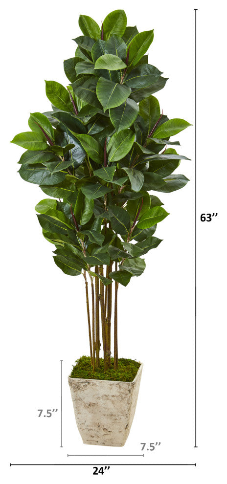 63" Rubber Leaf Artificial Tree, Country White Planter