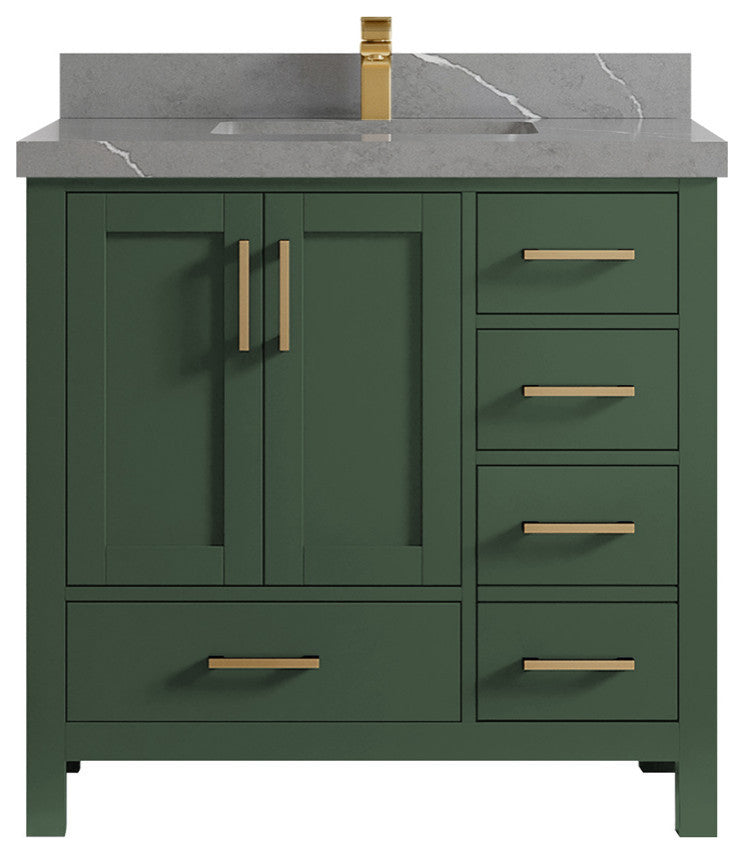 Malibu 36 Center Sink Bath Vanity in Lafayette Green 2" Piatra Gray