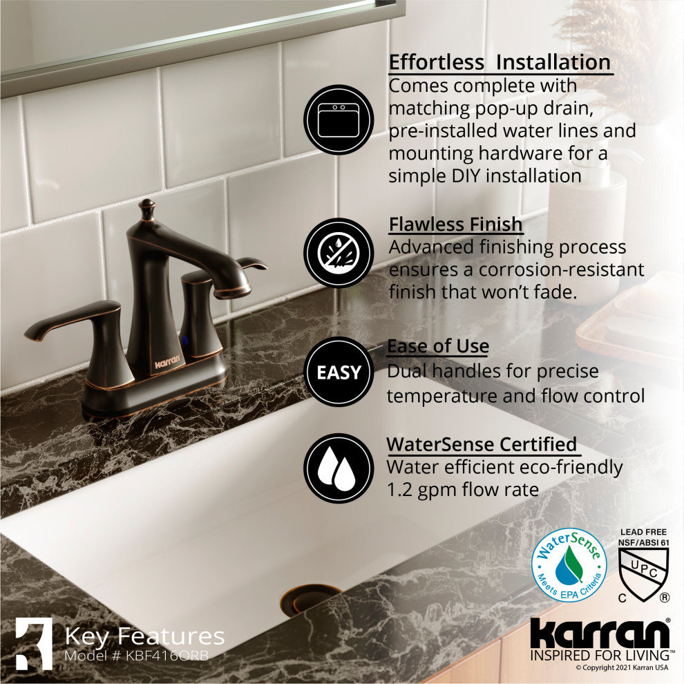 Karran 2-Hole 2-Handle Bathroom Faucet With Pop-Up Drain, Oil Rubbed Bronze