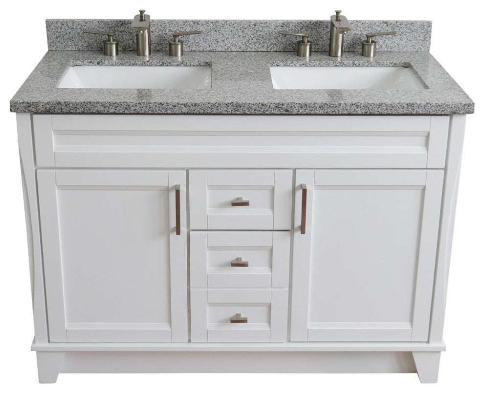 48" Double Sink Vanity, White Finish With Gray Granite And Rectangle Sink
