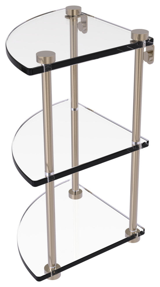 Three Tier Corner Glass Shelf, Antique Pewter