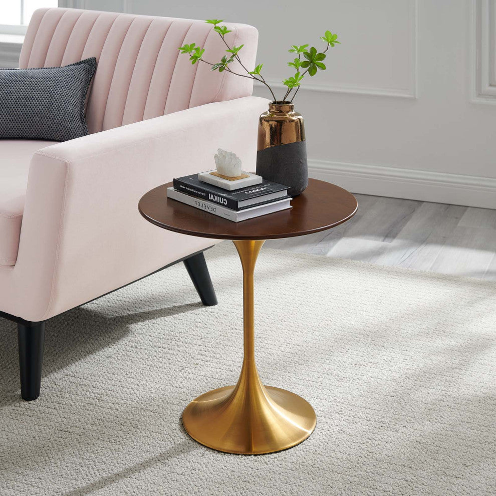 Sofa Side Table, Round, Gold Walnut, Metal, Modern, Lounge Hotel Hospitality