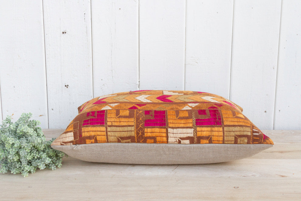 Vivid Orange Silk Phulkari Pillow