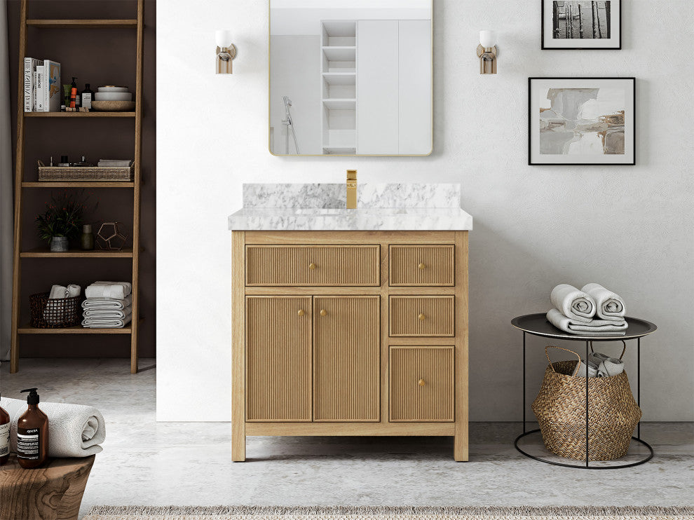 Sonoma 36 Center Sink Bath Vanity in Light Natural Teak with 2" Carrara Marble