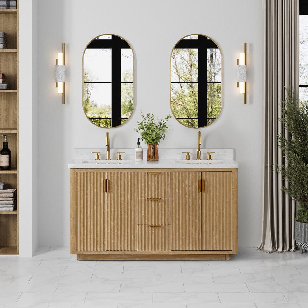 Vinnova Cadiz Bath Vanity, Composite Stone Top, Washed Ash Grey, 60", With Mirror