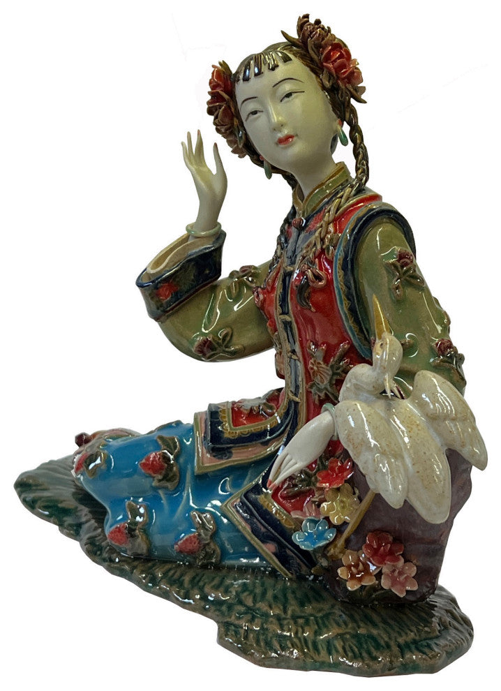 Chinese Oriental Porcelain Qing Style Dressing Cranes Bird Lady Figure Hws3087