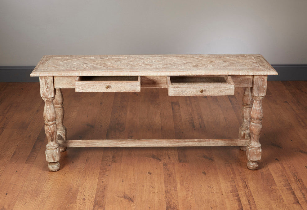 Parquet Top Two Drawer Console Table, Weathered Sand