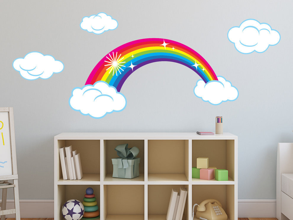 Sparkling Rainbow Fabric Wall Decals With Clouds, Bright Rainbow