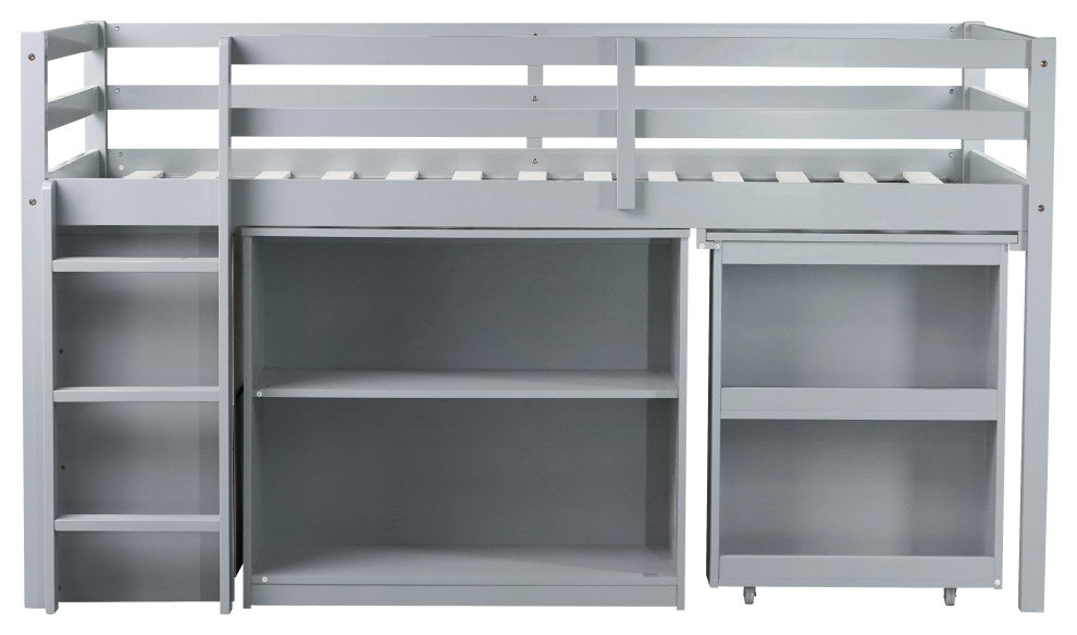 GDF Studio Wood Twin Loft Bed With Flexible Storage & Safety Guardrail, Gray