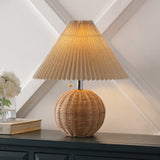 Scandinavian Rattan/Iron Sphere LED Table Lamp With Pleated Shade and Pull Chain