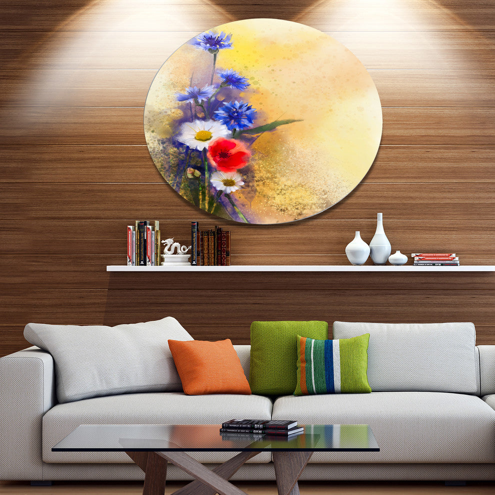 Bouquet Of Poppy Cornflower And Daisy, Floral Disc Metal Artwork, 11"