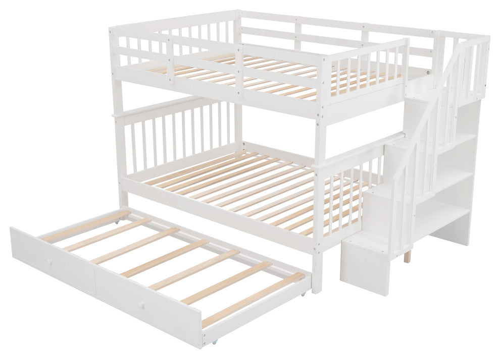 Gewnee Pine Wood Full Over Full Bunk Bed with Trundle and Stairway in White