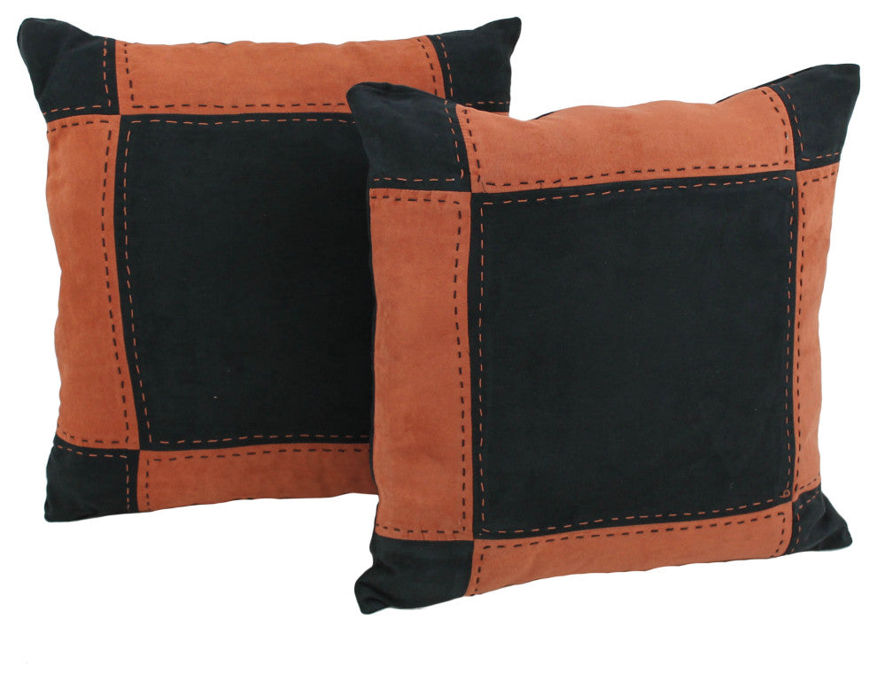 18" Patchwork Microsuede Square Throw Pillows, Set of 2, Black/Spice