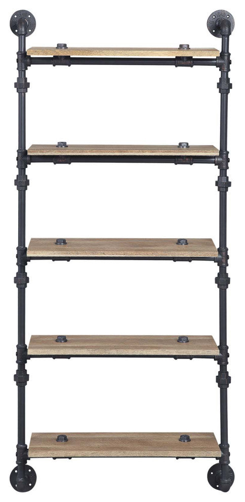 5 Tier Oak Wood Floating Shelf With Metal Tube, Sandy Black