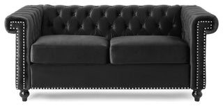 Timber Contemporary Button Tufted Loveseat with Nailhead Trim, Black and Dark Brown, Velvet