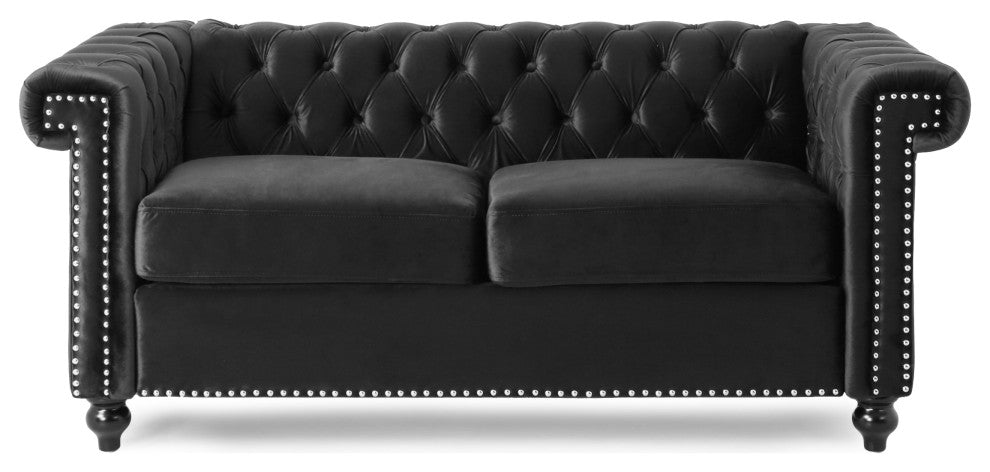 Timber Contemporary Button Tufted Loveseat with Nailhead Trim, Black and Dark Brown, Velvet