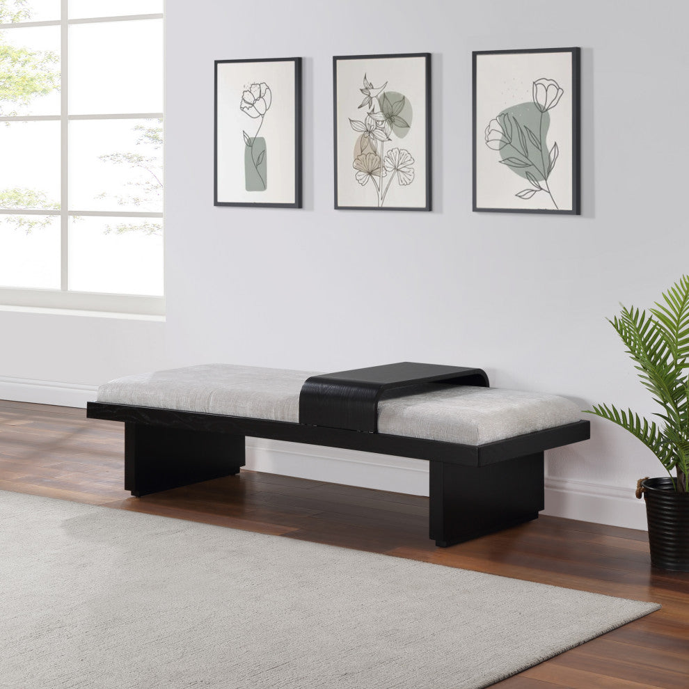 Arlington Chenille Fabric Upholstered Bench, Grey, Black Finish