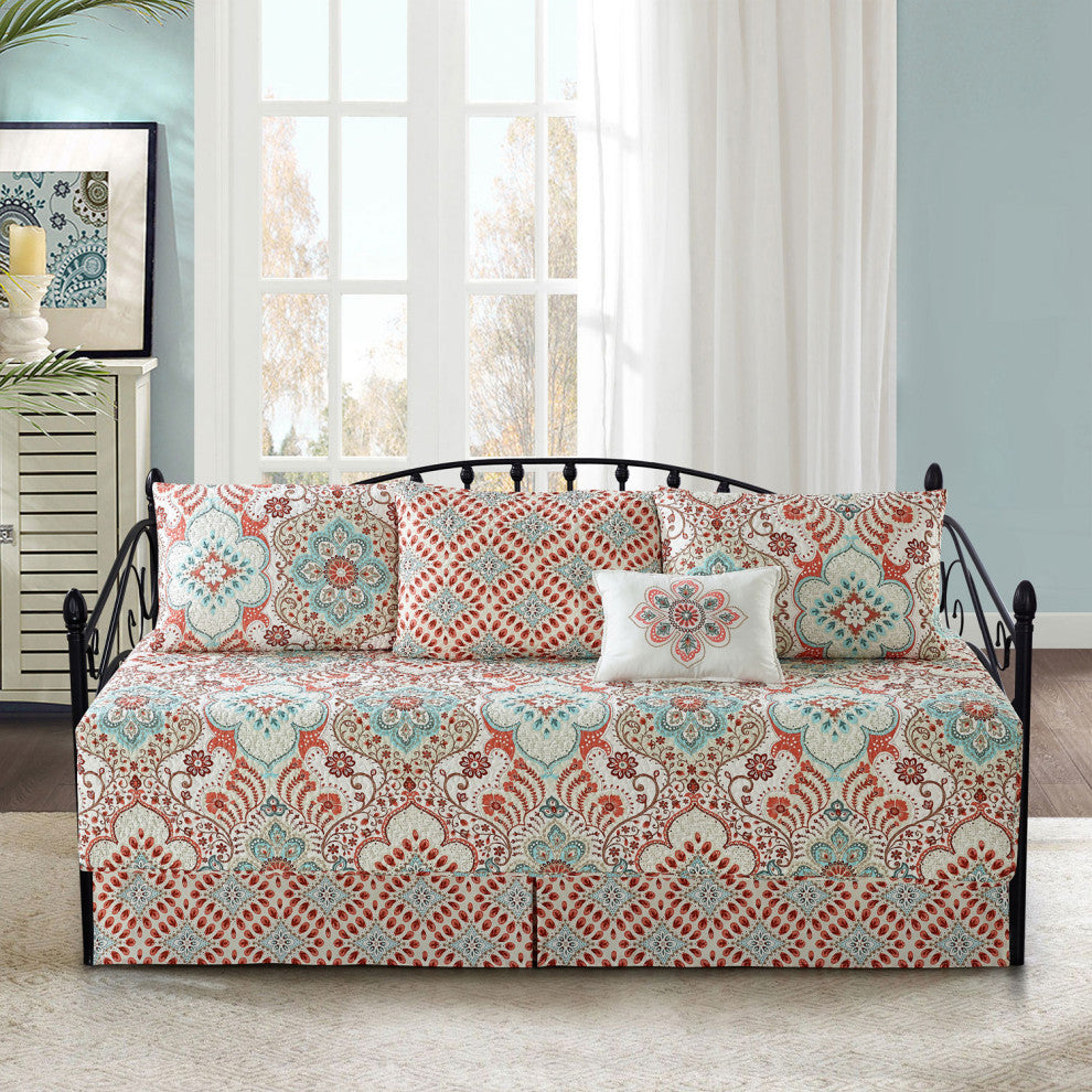 Bennington Damask 6 Piece Daybed Set, Coral, 75"x39"