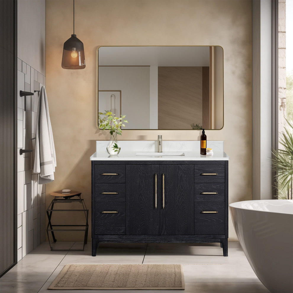 Gara Bath Vanity, Stone Top, Fir Wood Black, 48", Single Vanity, With Mirror