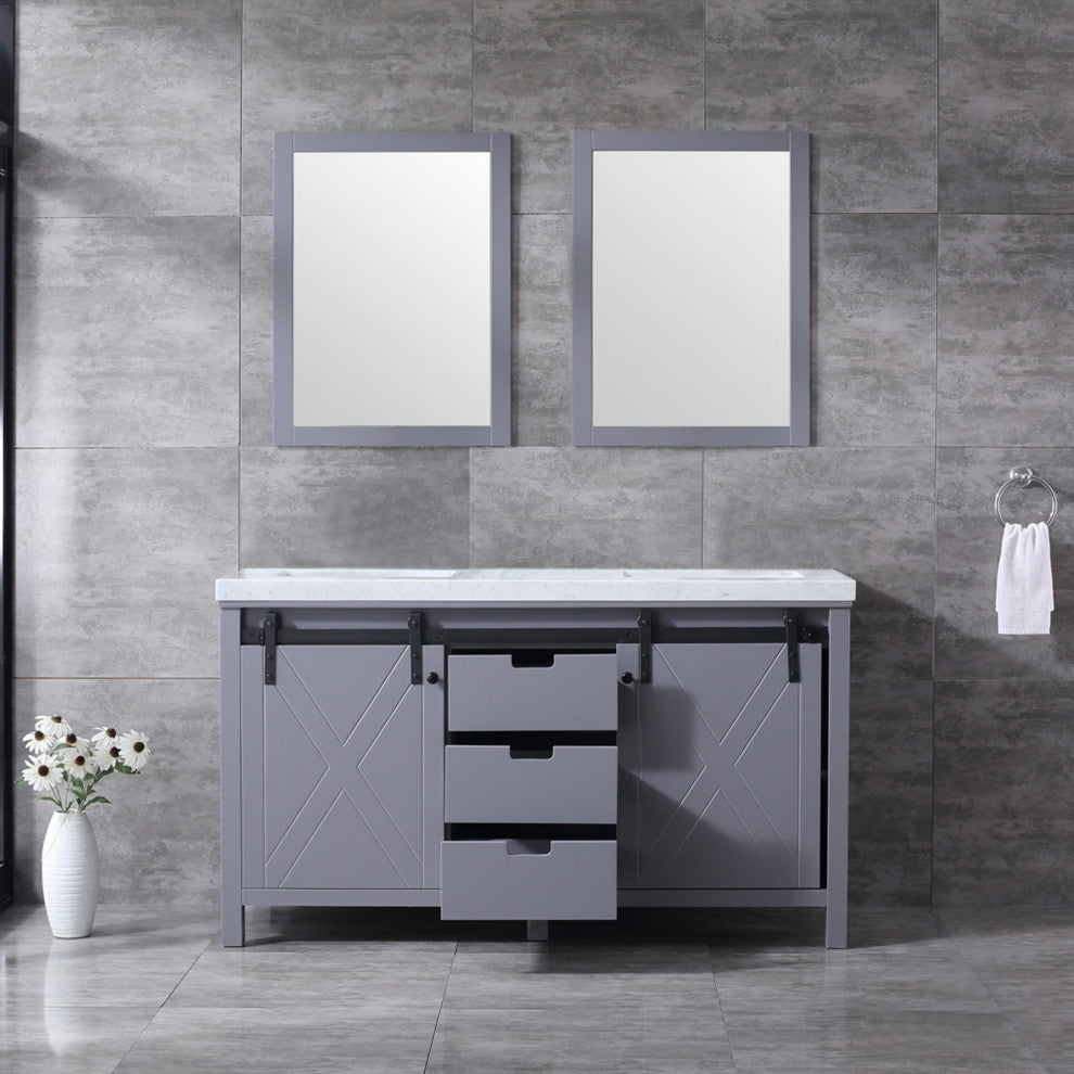 Marsyas 60" Dark Gray Double Vanity Carrara Marble Top Sinks, 24" Wall Mirrors
