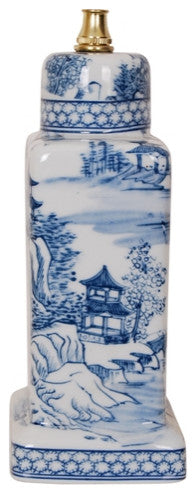 Blue and White Blue Willow Porcelain Tea Caddy Jar Table Lamp, 17"