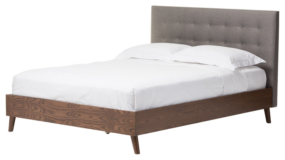 Alinia Mid-Century Gray Fabric Upholstered Walnut Wood Full Size Platform Bed