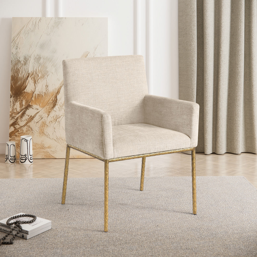 Reeves Upholstered Dining Chair, Beige, Chenille , AC,  Brushed Brass, Set of 2