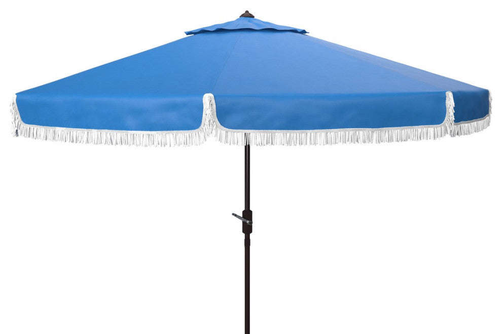 Safavieh Milan Fringe 9ft Crank Outdoor Push Button Tilt Umbrella Pacific Blue