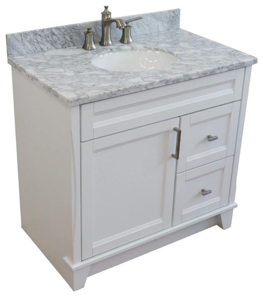 37" Single Sink Vanity, White Finish With White Carrara Marble