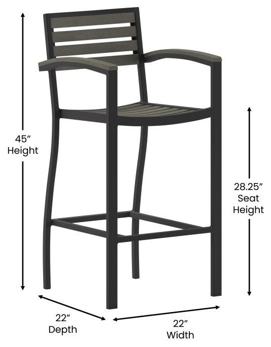 Lark Commercial Grade Outdoor Bar Height Stool with Arms, Gray Wash