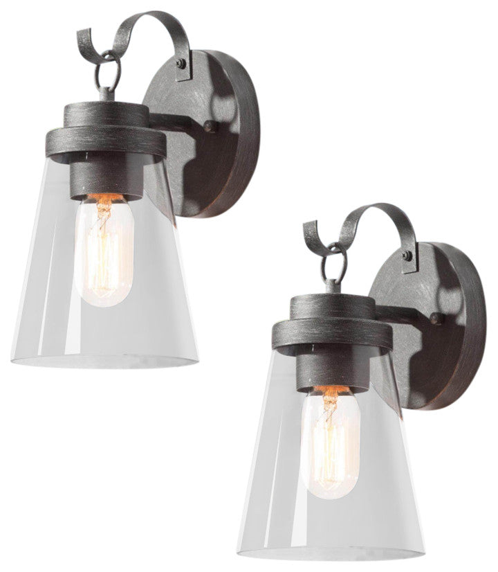 1-Light Modern Clear Glass Outdoor Wall Lamp, Set of 2, Brushed Black, 11"