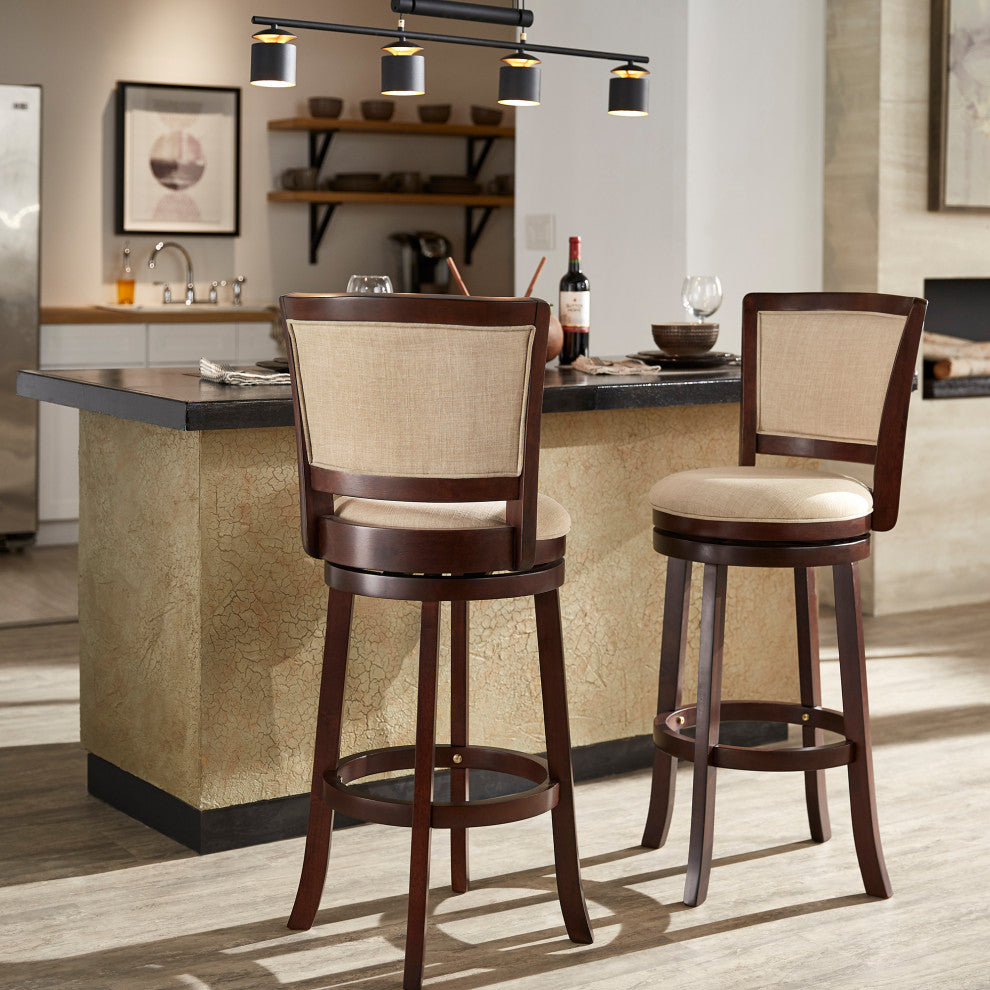 Janczy Dark Cherry Finish Beige Linen Swivel Chair, Bar Height